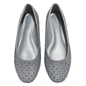 Hotcakes Silver Rhinestone Flats Women’s 7W Sparkly Slip-On Dress Shoes